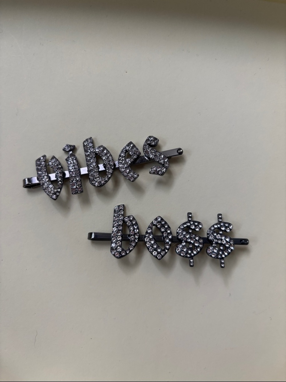 Crystal 'Vibes' and 'Boss' Black Hair Clips - Rhinestone Accent